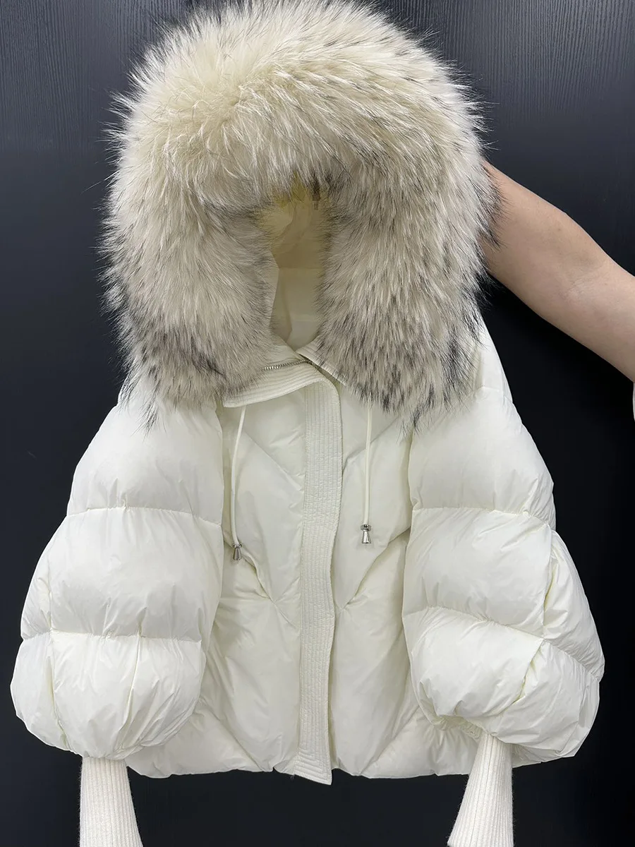 Winter Hooded Natural Large Fur Collar Down Jacket Women Short White Duck Down Outwear Female Lantern Sleeve Warm Quilted Jacket