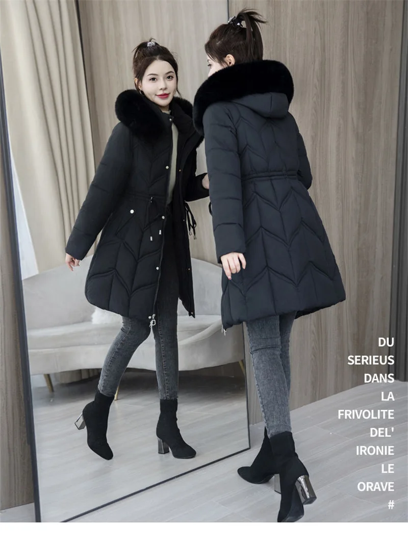 Winter New Down Cotton Jacket Women Korean Cotton-Padded Thicken Warm Mid Long Hooded Parkas Slim Coat Female Casual Ladies Tops