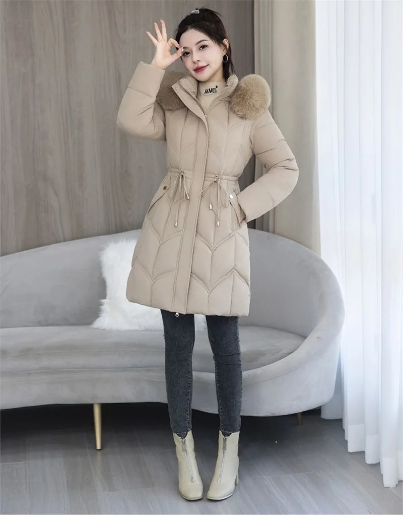 Winter New Down Cotton Jacket Women Korean Cotton-Padded Thicken Warm Mid Long Hooded Parkas Slim Coat Female Casual Ladies Tops