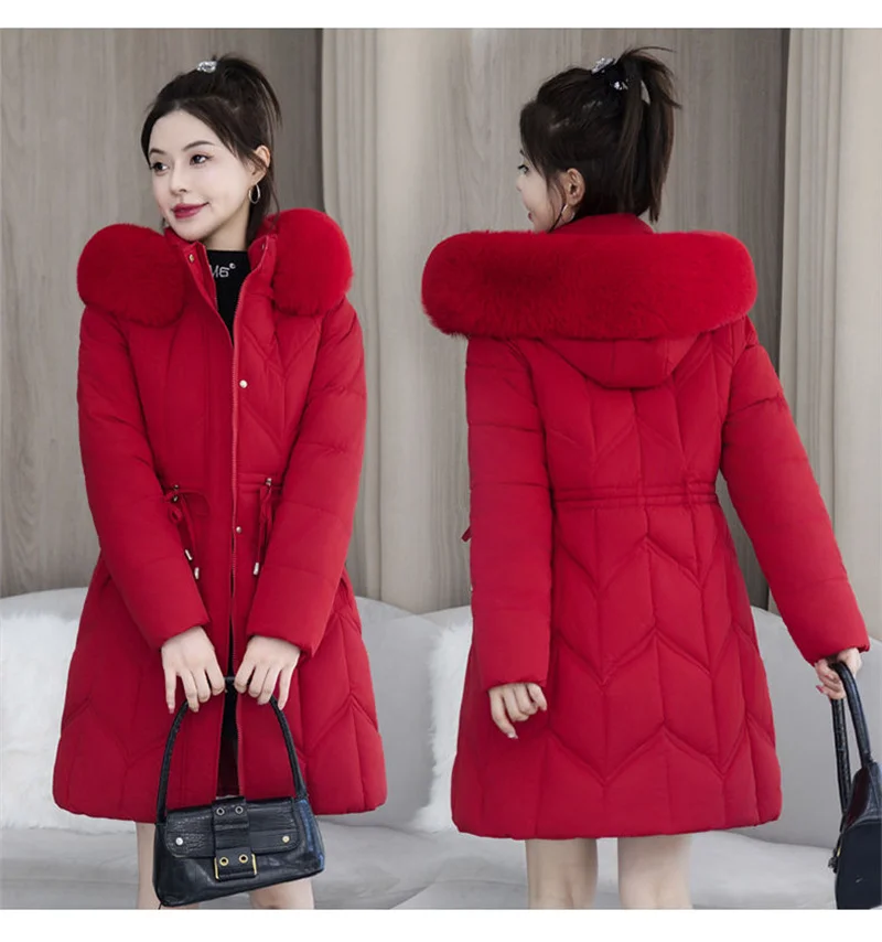Winter New Down Cotton Jacket Women Korean Cotton-Padded Thicken Warm Mid Long Hooded Parkas Slim Coat Female Casual Ladies Tops