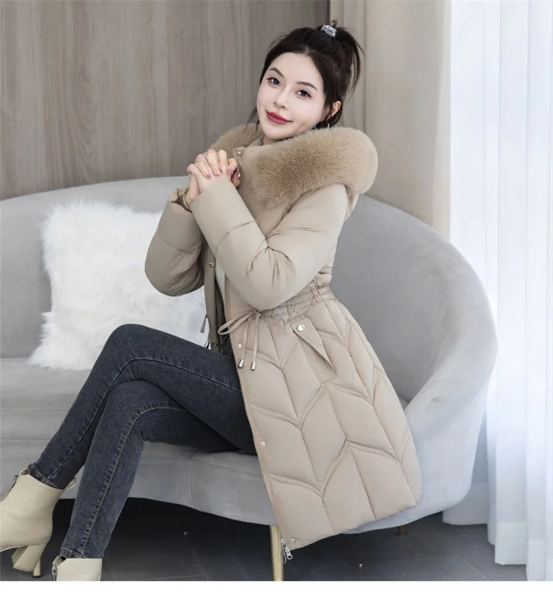 Winter New Down Cotton Jacket Women Korean Cotton-Padded Thicken Warm Mid Long Hooded Parkas Slim Coat Female Casual Ladies Tops