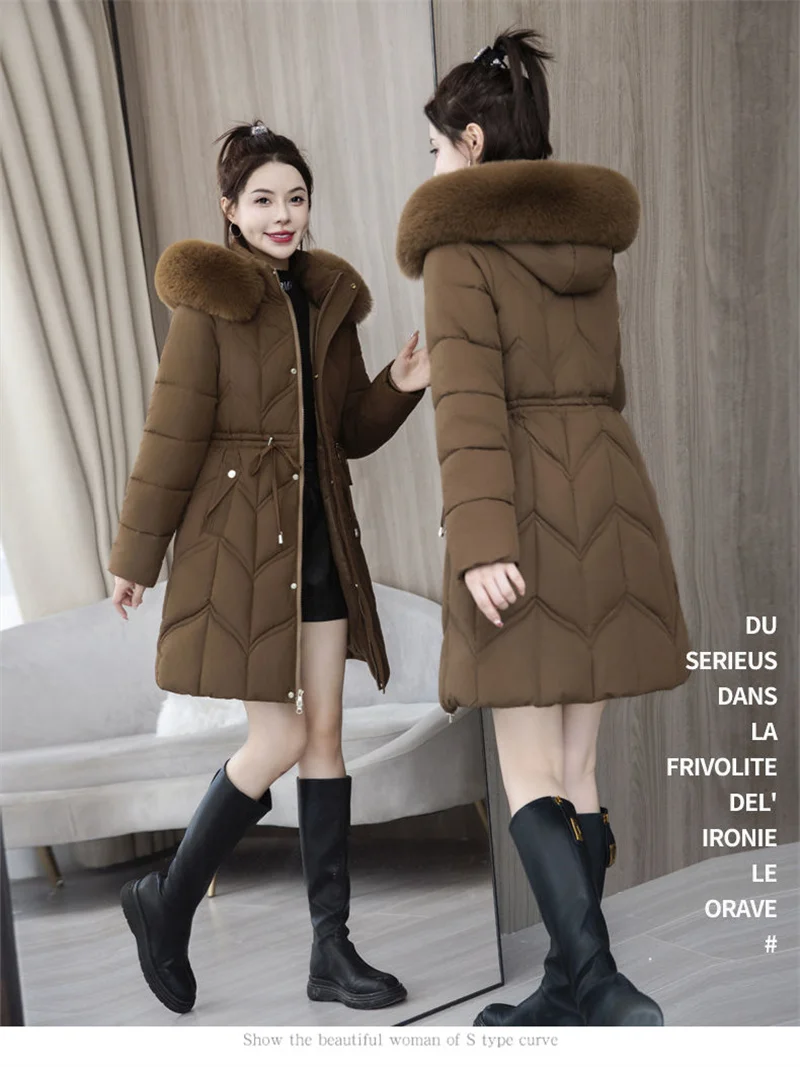Winter New Down Cotton Jacket Women Korean Cotton-Padded Thicken Warm Mid Long Hooded Parkas Slim Coat Female Casual Ladies Tops