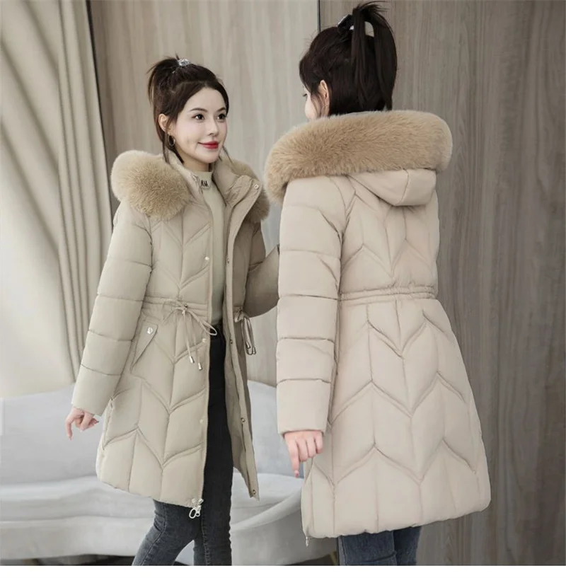 Winter New Down Cotton Jacket Women Korean Cotton-Padded Thicken Warm Mid Long Hooded Parkas Slim Coat Female Casual Ladies Tops