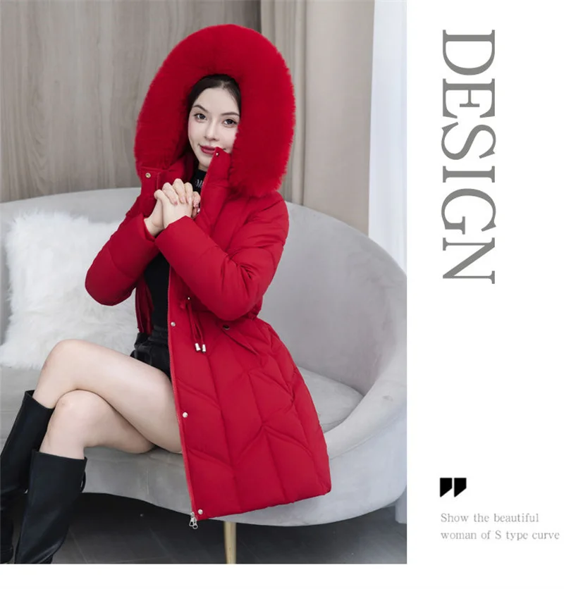 Winter New Down Cotton Jacket Women Korean Cotton-Padded Thicken Warm Mid Long Hooded Parkas Slim Coat Female Casual Ladies Tops