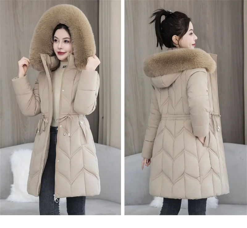Winter New Down Cotton Jacket Women Korean Cotton-Padded Thicken Warm Mid Long Hooded Parkas Slim Coat Female Casual Ladies Tops