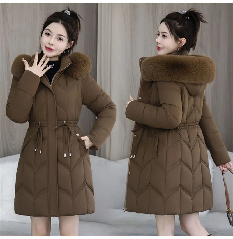 Winter New Down Cotton Jacket Women Korean Cotton-Padded Thicken Warm Mid Long Hooded Parkas Slim Coat Female Casual Ladies Tops