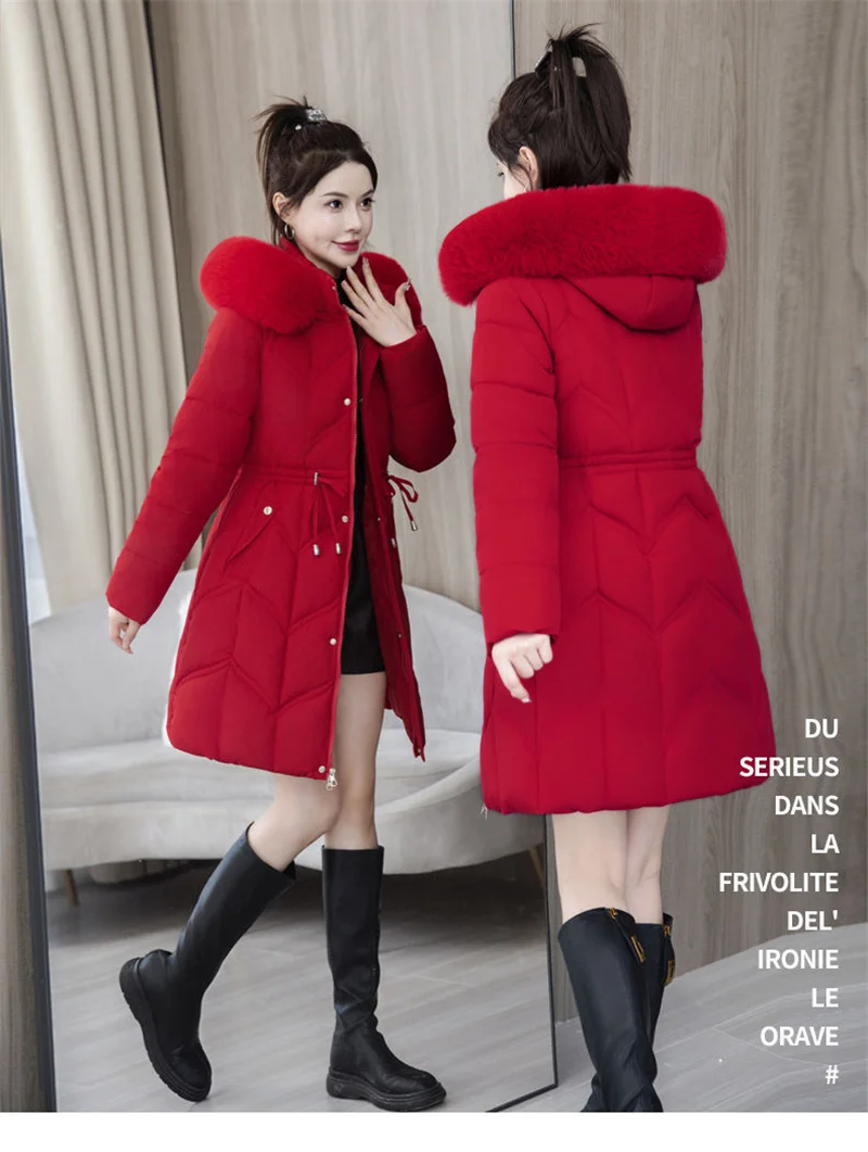 Winter New Down Cotton Jacket Women Korean Cotton-Padded Thicken Warm Mid Long Hooded Parkas Slim Coat Female Casual Ladies Tops