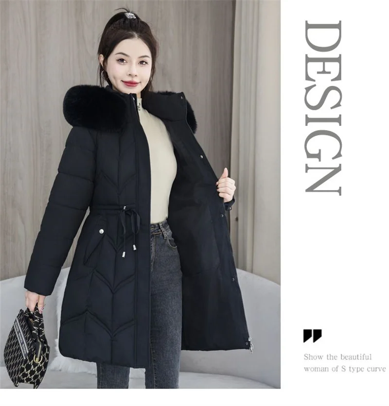Winter New Down Cotton Jacket Women Korean Cotton-Padded Thicken Warm Mid Long Hooded Parkas Slim Coat Female Casual Ladies Tops