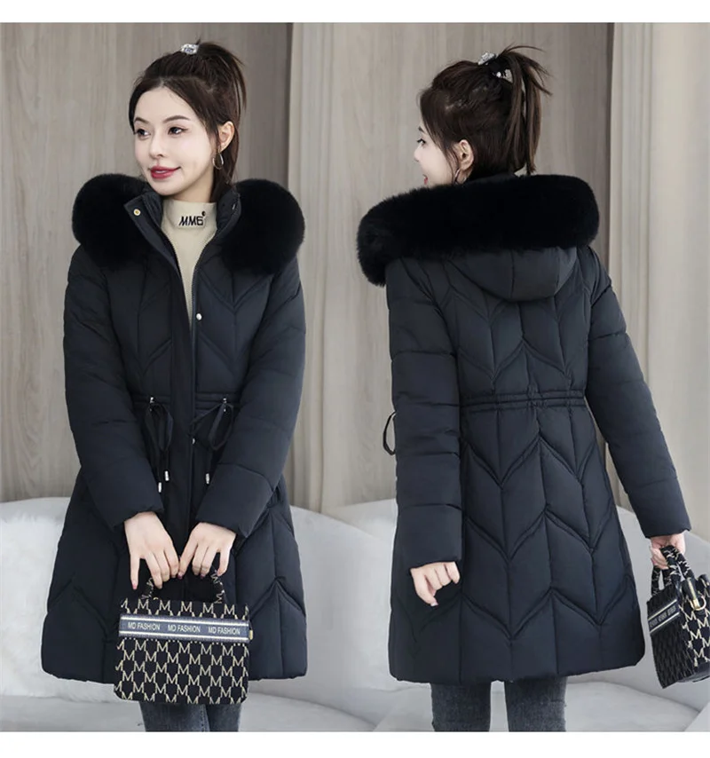 Winter New Down Cotton Jacket Women Korean Cotton-Padded Thicken Warm Mid Long Hooded Parkas Slim Coat Female Casual Ladies Tops