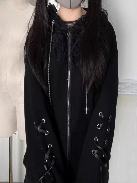 Women Y2K Aesthetic Cat Ears Hooded Sweatshirt Japanese Fashion Grunge Bandage Zipper Hoodie Kawaii Casual Streetwear Coat New
