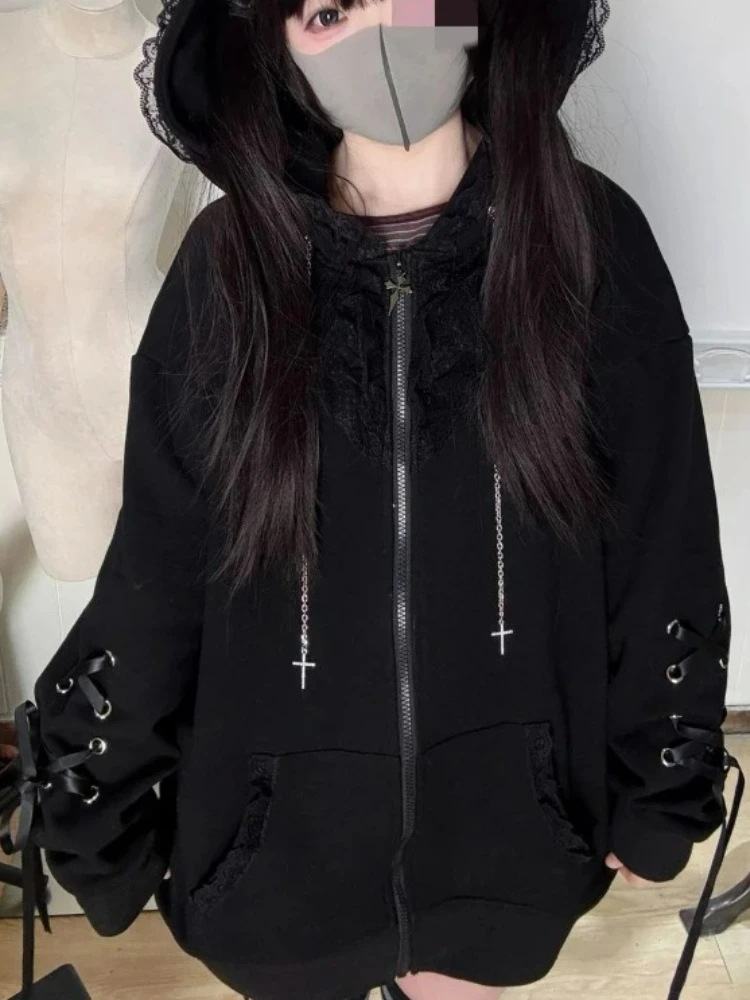 Women Y2K Aesthetic Cat Ears Hooded Sweatshirt Japanese Fashion Grunge Bandage Zipper Hoodie Kawaii Casual Streetwear Coat New