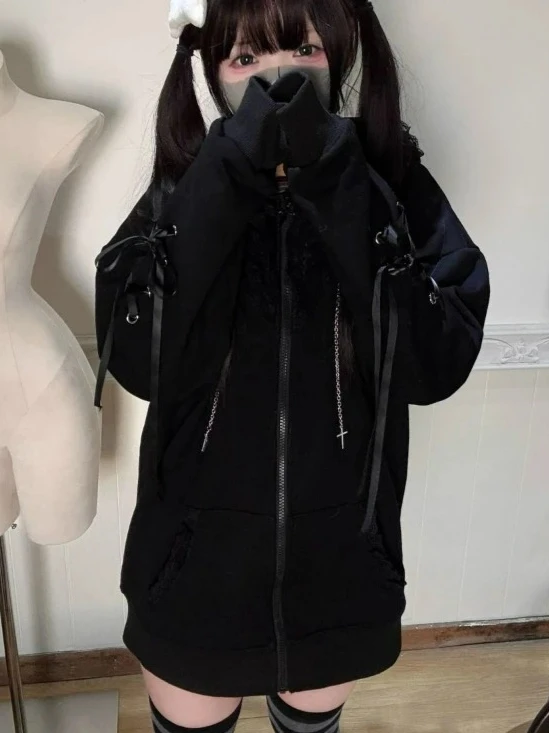 Women Y2K Aesthetic Cat Ears Hooded Sweatshirt Japanese Fashion Grunge Bandage Zipper Hoodie Kawaii Casual Streetwear Coat New