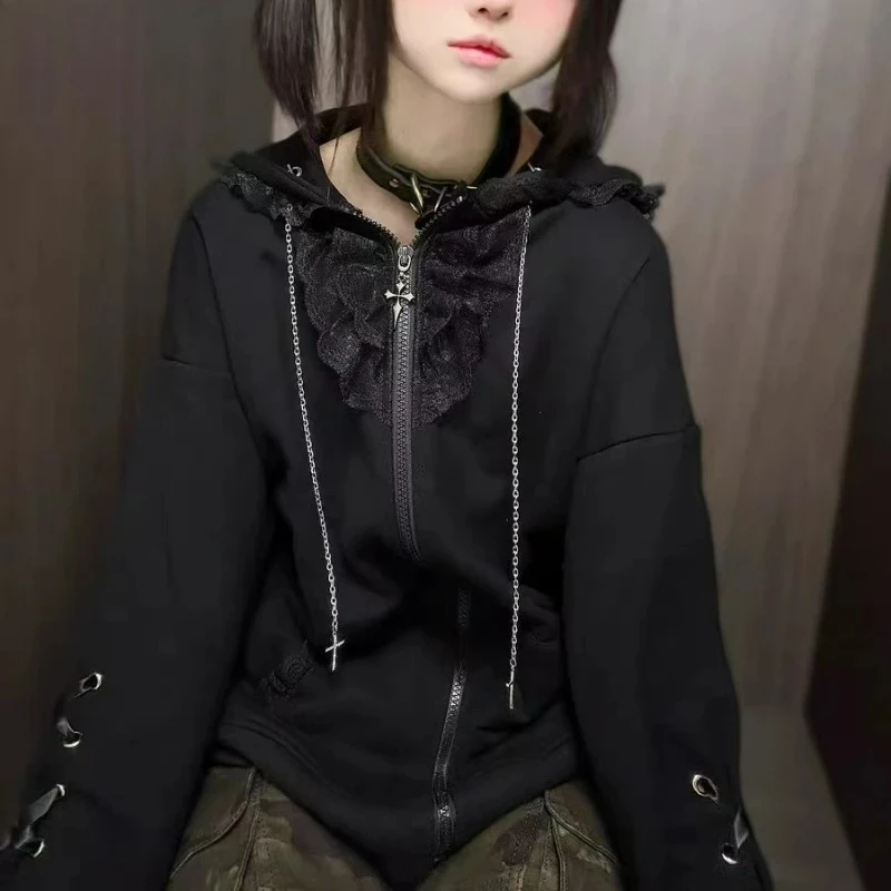 Women Y2K Aesthetic Cat Ears Hooded Sweatshirt Japanese Fashion Grunge Bandage Zipper Hoodie Kawaii Casual Streetwear Coat New