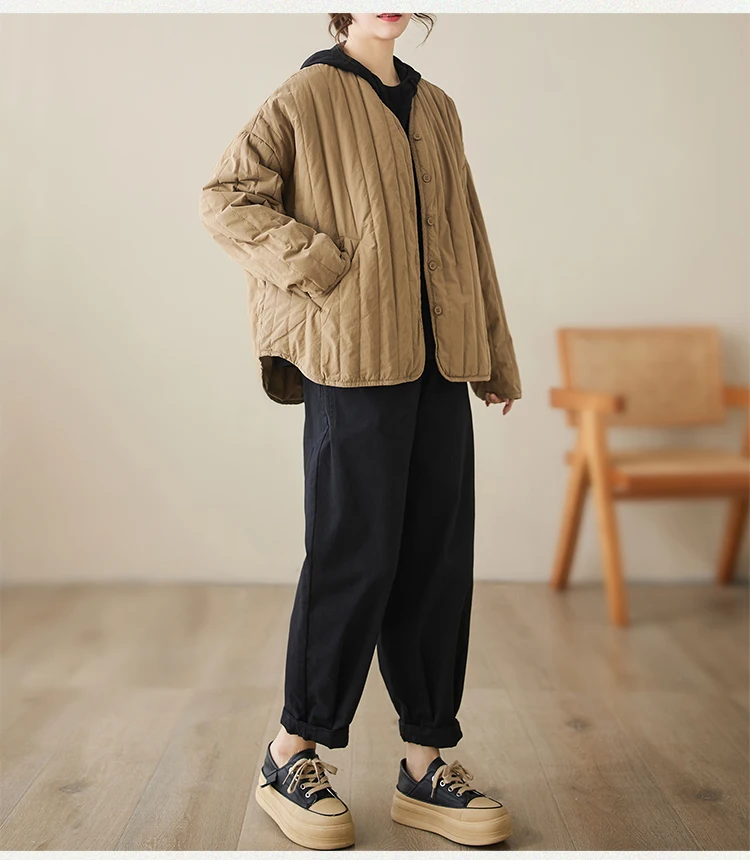 THHONE Autumn Winter New 2026 Jacket Women Coat Parkas Padded Vintage Korean Style Loose Solid Warm Casual V-neck Top Outerwear