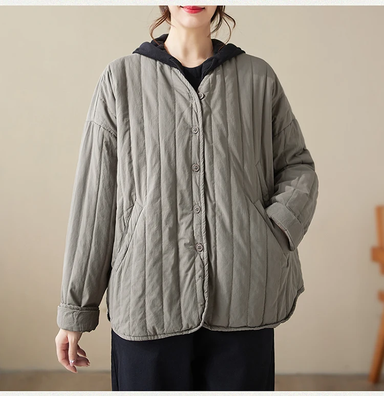 THHONE Autumn Winter New 2026 Jacket Women Coat Parkas Padded Vintage Korean Style Loose Solid Warm Casual V-neck Top Outerwear