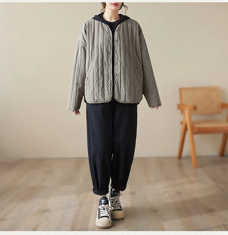 THHONE Autumn Winter New 2026 Jacket Women Coat Parkas Padded Vintage Korean Style Loose Solid Warm Casual V-neck Top Outerwear