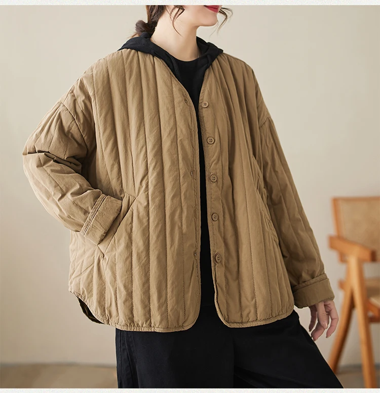 THHONE Autumn Winter New 2026 Jacket Women Coat Parkas Padded Vintage Korean Style Loose Solid Warm Casual V-neck Top Outerwear
