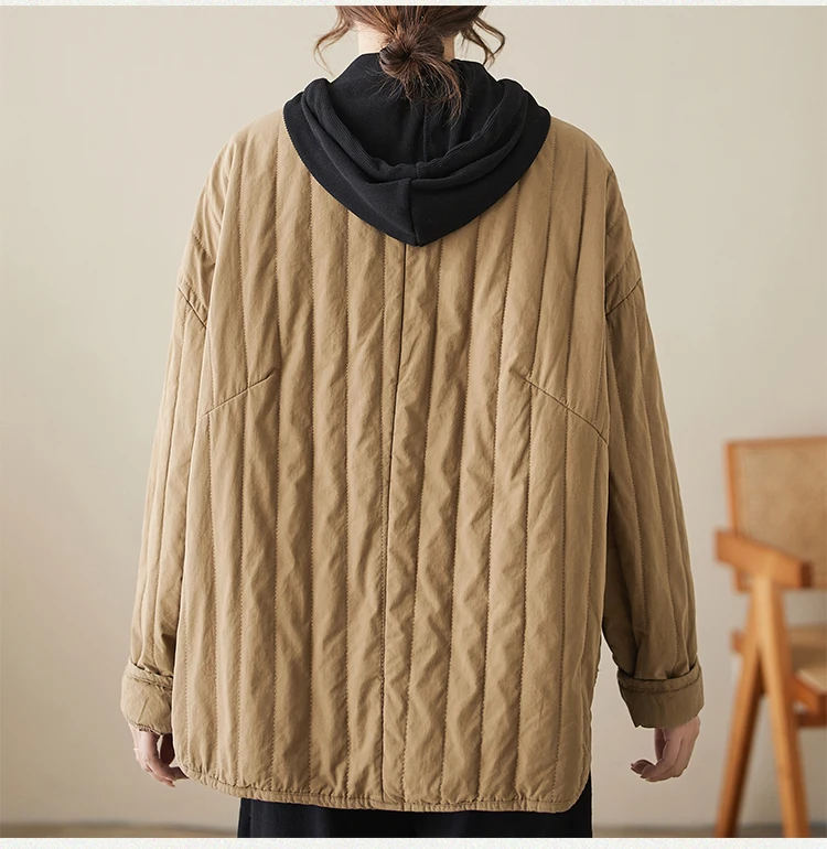 THHONE Autumn Winter New 2026 Jacket Women Coat Parkas Padded Vintage Korean Style Loose Solid Warm Casual V-neck Top Outerwear
