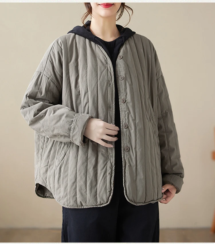 THHONE Autumn Winter New 2026 Jacket Women Coat Parkas Padded Vintage Korean Style Loose Solid Warm Casual V-neck Top Outerwear