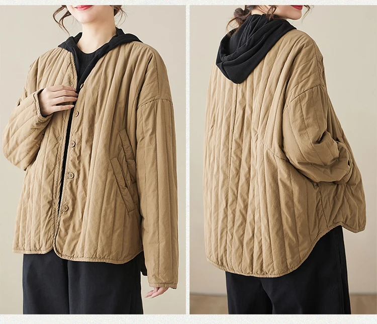 THHONE Autumn Winter New 2026 Jacket Women Coat Parkas Padded Vintage Korean Style Loose Solid Warm Casual V-neck Top Outerwear