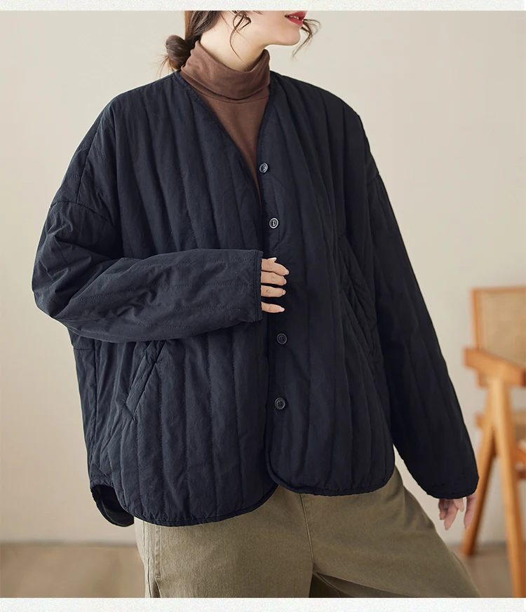 THHONE Autumn Winter New 2026 Jacket Women Coat Parkas Padded Vintage Korean Style Loose Solid Warm Casual V-neck Top Outerwear