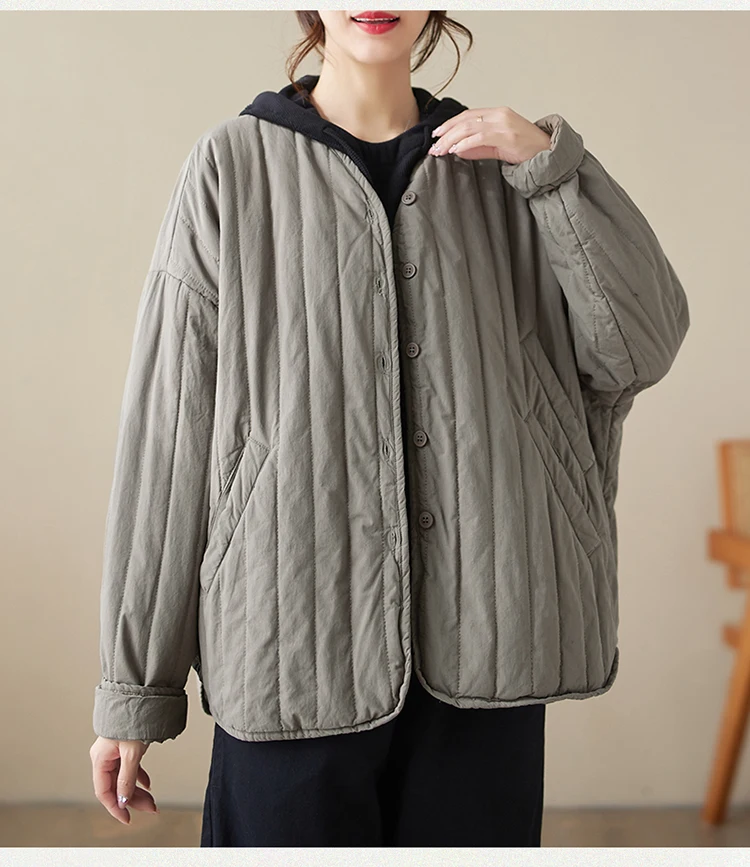 THHONE Autumn Winter New 2026 Jacket Women Coat Parkas Padded Vintage Korean Style Loose Solid Warm Casual V-neck Top Outerwear