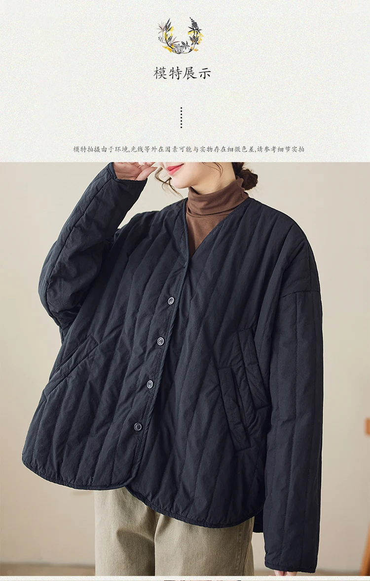THHONE Autumn Winter New 2026 Jacket Women Coat Parkas Padded Vintage Korean Style Loose Solid Warm Casual V-neck Top Outerwear
