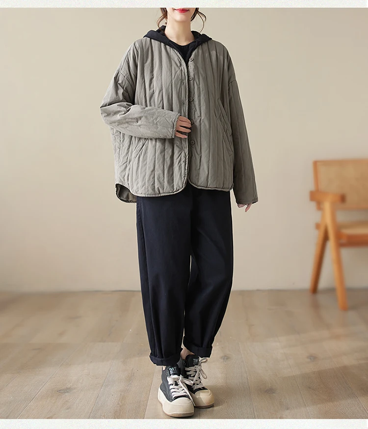 THHONE Autumn Winter New 2026 Jacket Women Coat Parkas Padded Vintage Korean Style Loose Solid Warm Casual V-neck Top Outerwear