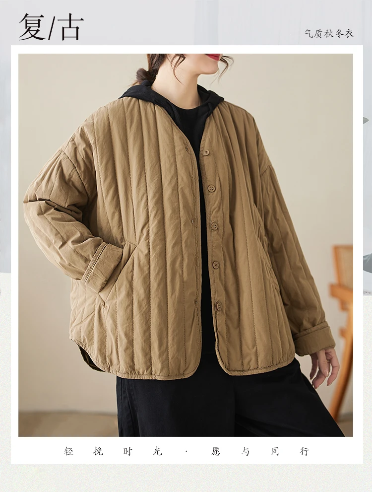 THHONE Autumn Winter New 2026 Jacket Women Coat Parkas Padded Vintage Korean Style Loose Solid Warm Casual V-neck Top Outerwear