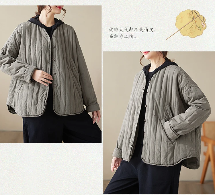 THHONE Autumn Winter New 2026 Jacket Women Coat Parkas Padded Vintage Korean Style Loose Solid Warm Casual V-neck Top Outerwear