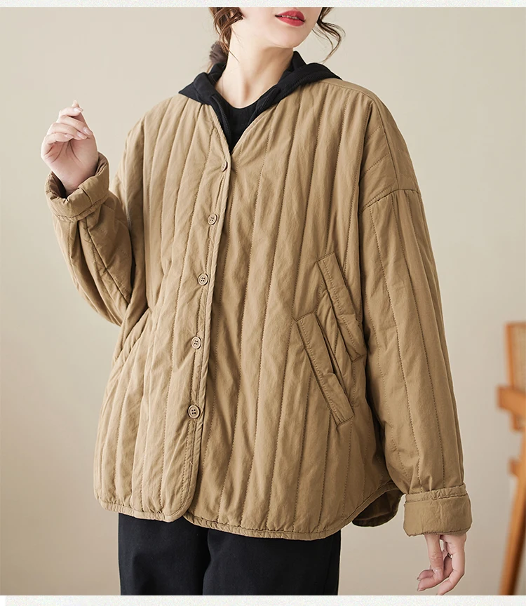 THHONE Autumn Winter New 2026 Jacket Women Coat Parkas Padded Vintage Korean Style Loose Solid Warm Casual V-neck Top Outerwear