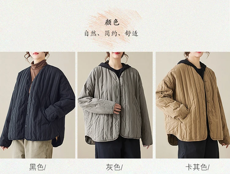 THHONE Autumn Winter New 2026 Jacket Women Coat Parkas Padded Vintage Korean Style Loose Solid Warm Casual V-neck Top Outerwear
