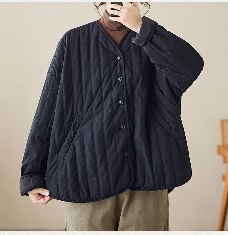 THHONE Autumn Winter New 2026 Jacket Women Coat Parkas Padded Vintage Korean Style Loose Solid Warm Casual V-neck Top Outerwear