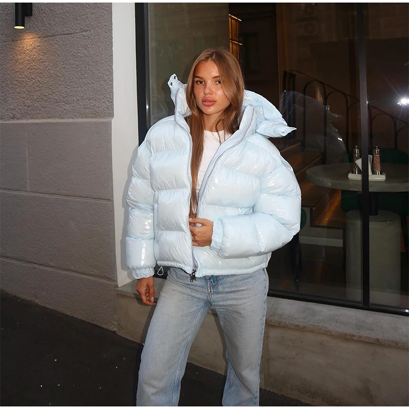 Casual Glossy Hooded Padded Jackets Women Loose Full Sleeves Zipper Coats With Pockets 2026 New Autumn Winter Lady Solid Outwear