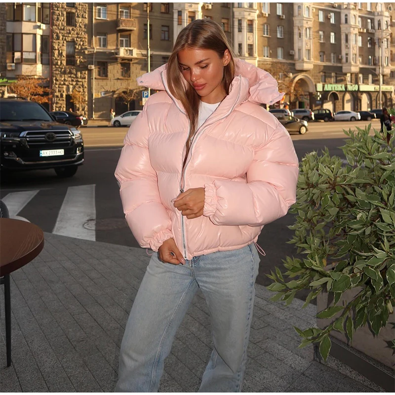 Casual Glossy Hooded Padded Jackets Women Loose Full Sleeves Zipper Coats With Pockets 2026 New Autumn Winter Lady Solid Outwear