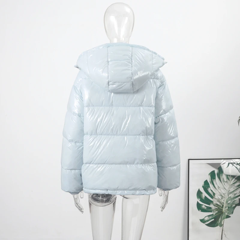 Casual Glossy Hooded Padded Jackets Women Loose Full Sleeves Zipper Coats With Pockets 2026 New Autumn Winter Lady Solid Outwear