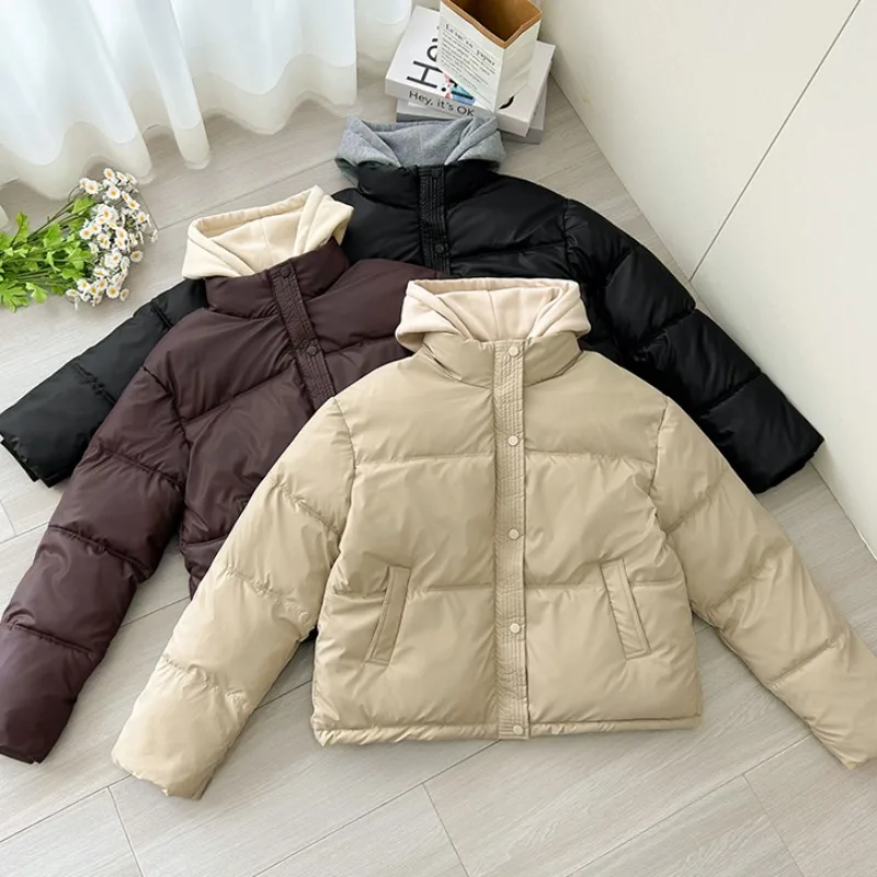 Hooded Short Parkas Women Fashion Black Patchwork Puffer Jacket Winter Streetwear Down Coats Korean Cotton Padded Outerwears New