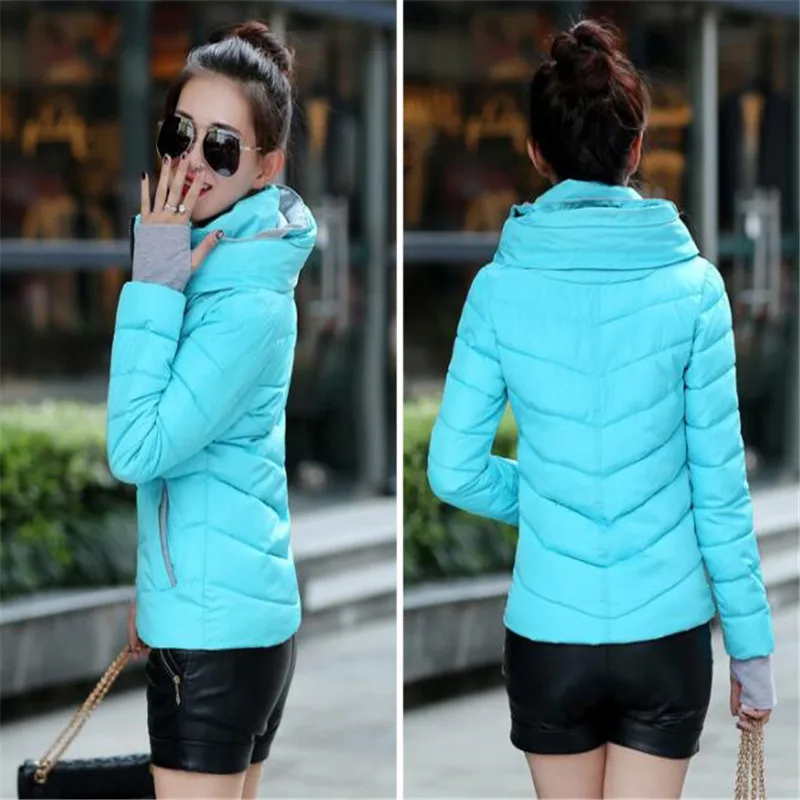 New Women's Cotton Coat Short Outwear Standing Collar Zipper Jacket Drawstring Slim Multicolor Winter Small Tops Warm Handguard