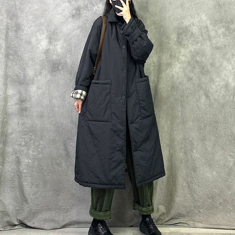 Women Jacket Mid Length Cotton Padded Winter Coats Casual Maxi Turn Down Collar Long Sleeves Big Pockets Thickened Parkas Coat