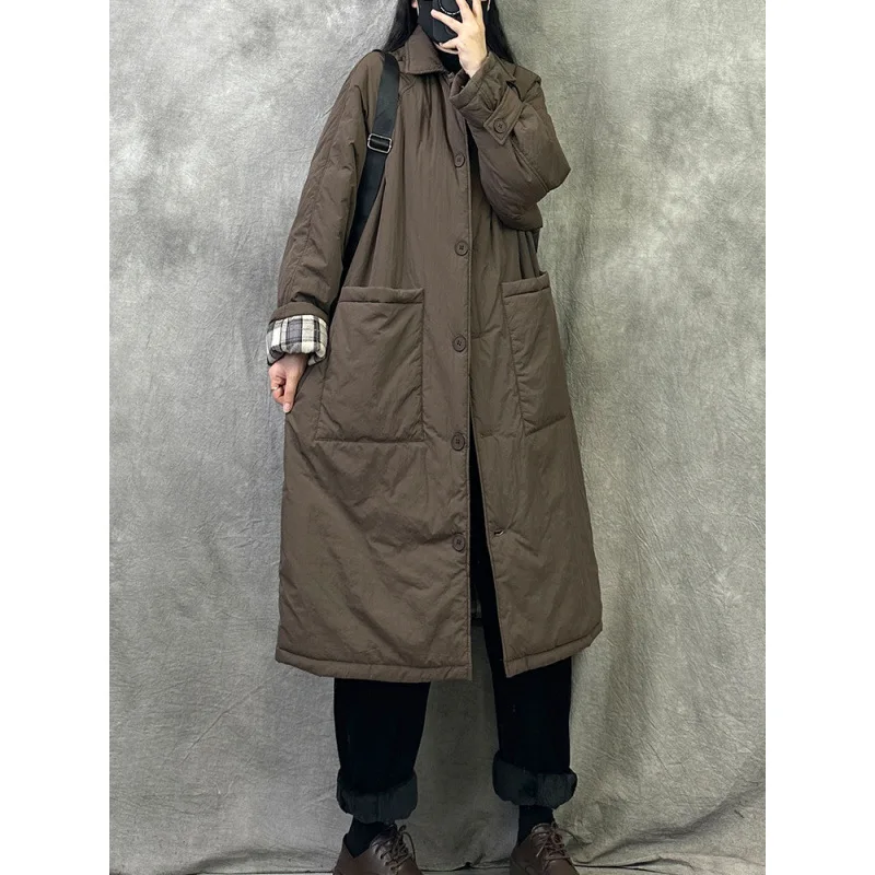 Women Jacket Mid Length Cotton Padded Winter Coats Casual Maxi Turn Down Collar Long Sleeves Big Pockets Thickened Parkas Coat