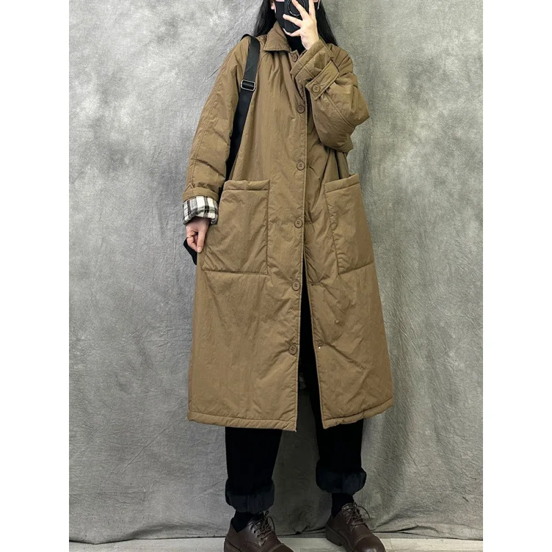 Women Jacket Mid Length Cotton Padded Winter Coats Casual Maxi Turn Down Collar Long Sleeves Big Pockets Thickened Parkas Coat