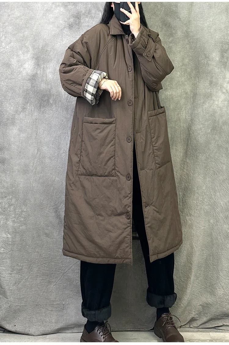 Women Jacket Mid Length Cotton Padded Winter Coats Casual Maxi Turn Down Collar Long Sleeves Big Pockets Thickened Parkas Coat