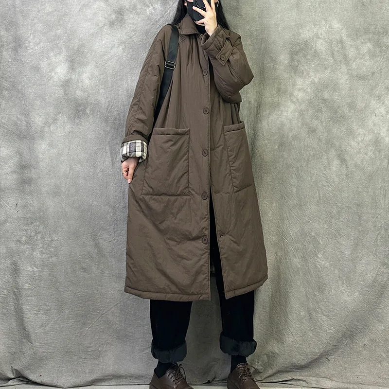 Women Jacket Mid Length Cotton Padded Winter Coats Casual Maxi Turn Down Collar Long Sleeves Big Pockets Thickened Parkas Coat