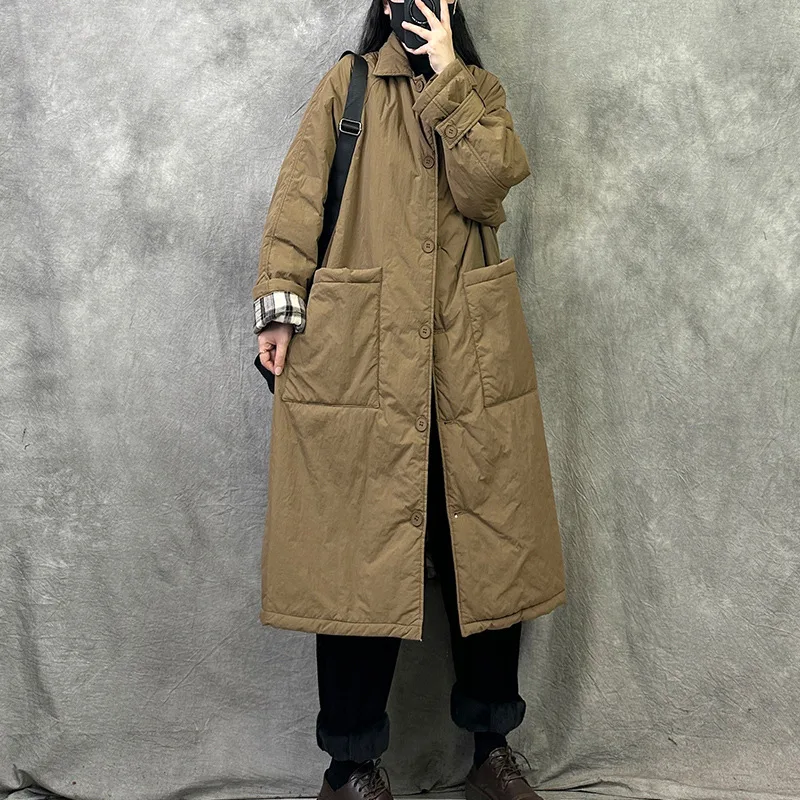 Women Jacket Mid Length Cotton Padded Winter Coats Casual Maxi Turn Down Collar Long Sleeves Big Pockets Thickened Parkas Coat