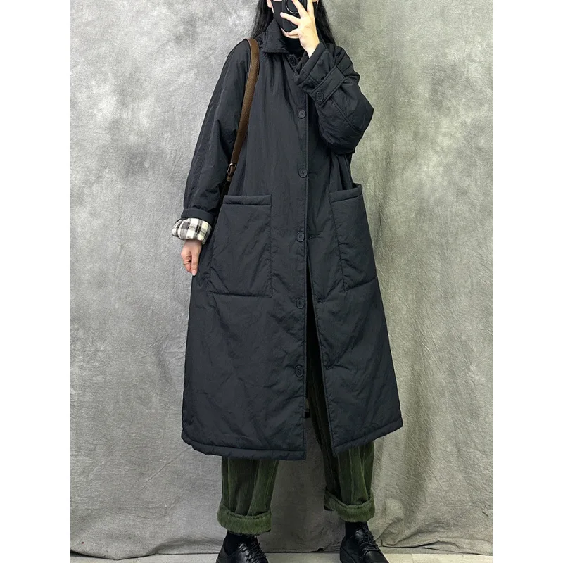 Women Jacket Mid Length Cotton Padded Winter Coats Casual Maxi Turn Down Collar Long Sleeves Big Pockets Thickened Parkas Coat