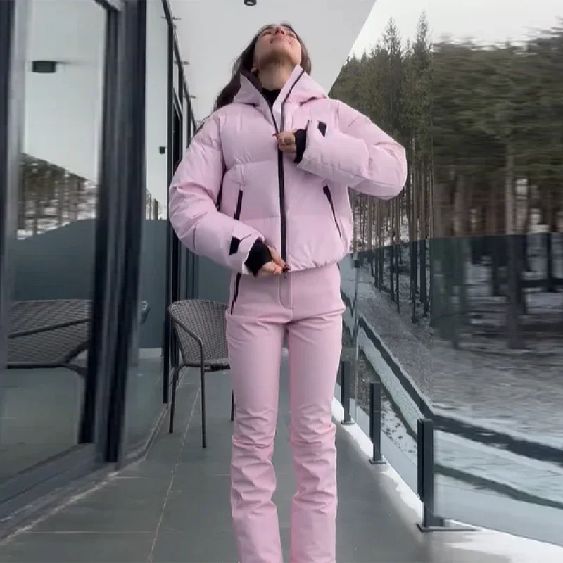 Winter Warm Hooded Ski Wear Suits For Women Windproof Waterproof Park Coat High Waist Warm Pants 2026 New Lady Snow Sportwears