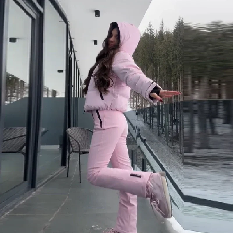 Winter Warm Hooded Ski Wear Suits For Women Windproof Waterproof Park Coat High Waist Warm Pants 2026 New Lady Snow Sportwears