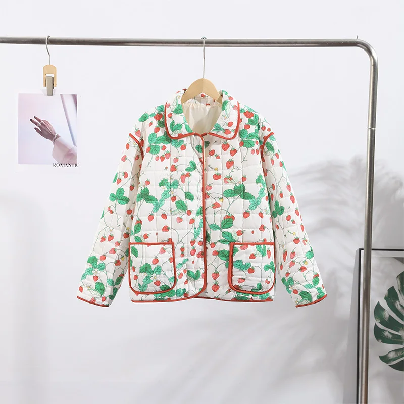 Women's Fashion Print Panelled Quilted Cotton Jacket Long Sleeve Pocket Cardigan Coat 2025 Autumn Winter Daily Casual Outerwear
