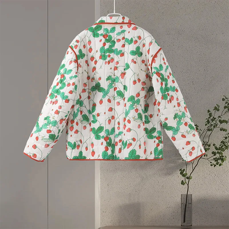 Women's Fashion Print Panelled Quilted Cotton Jacket Long Sleeve Pocket Cardigan Coat 2025 Autumn Winter Daily Casual Outerwear