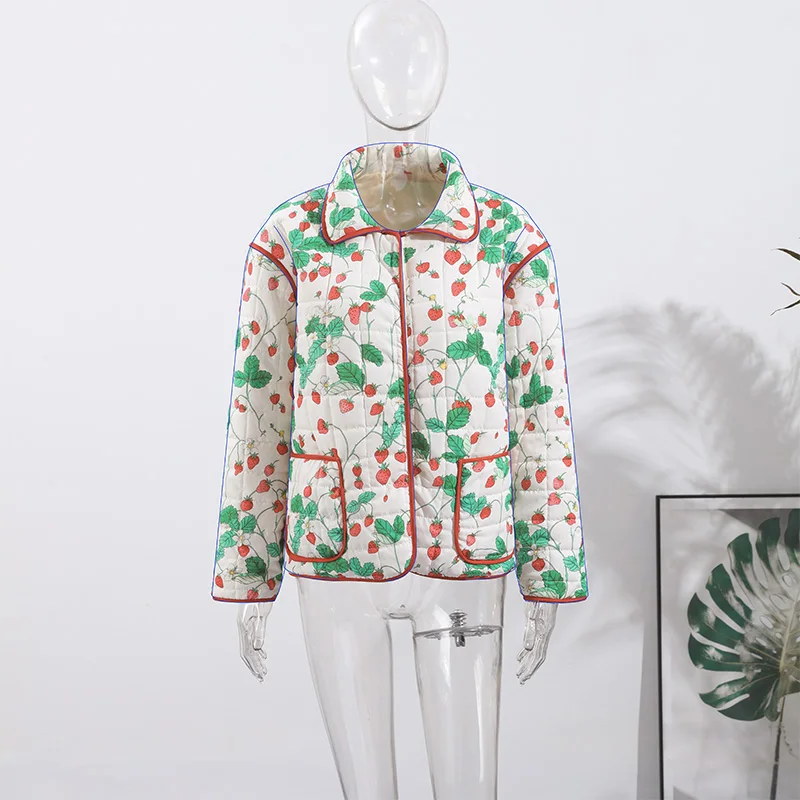 Women's Fashion Print Panelled Quilted Cotton Jacket Long Sleeve Pocket Cardigan Coat 2025 Autumn Winter Daily Casual Outerwear